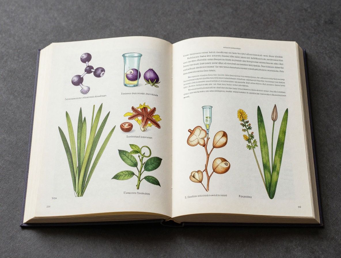 Stara naukowa książka o biochemii otwarta na ilustracjach molekuł, obok szkło laboratoryjne i zioła, nawiązanie do historycznych odkryć naukowych w dziedzinie żywienia