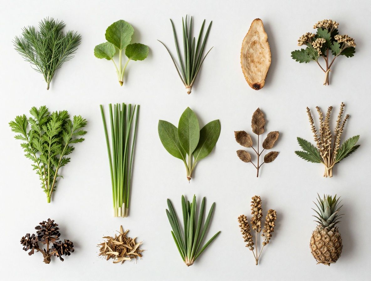 Kolekcja suszonych ziół leczniczych, nasion i naturalnych ekstraktów ułożonych na jasnym tle, widok z góry, estetyczna kompozycja podkreślająca naturalne pochodzenie składników